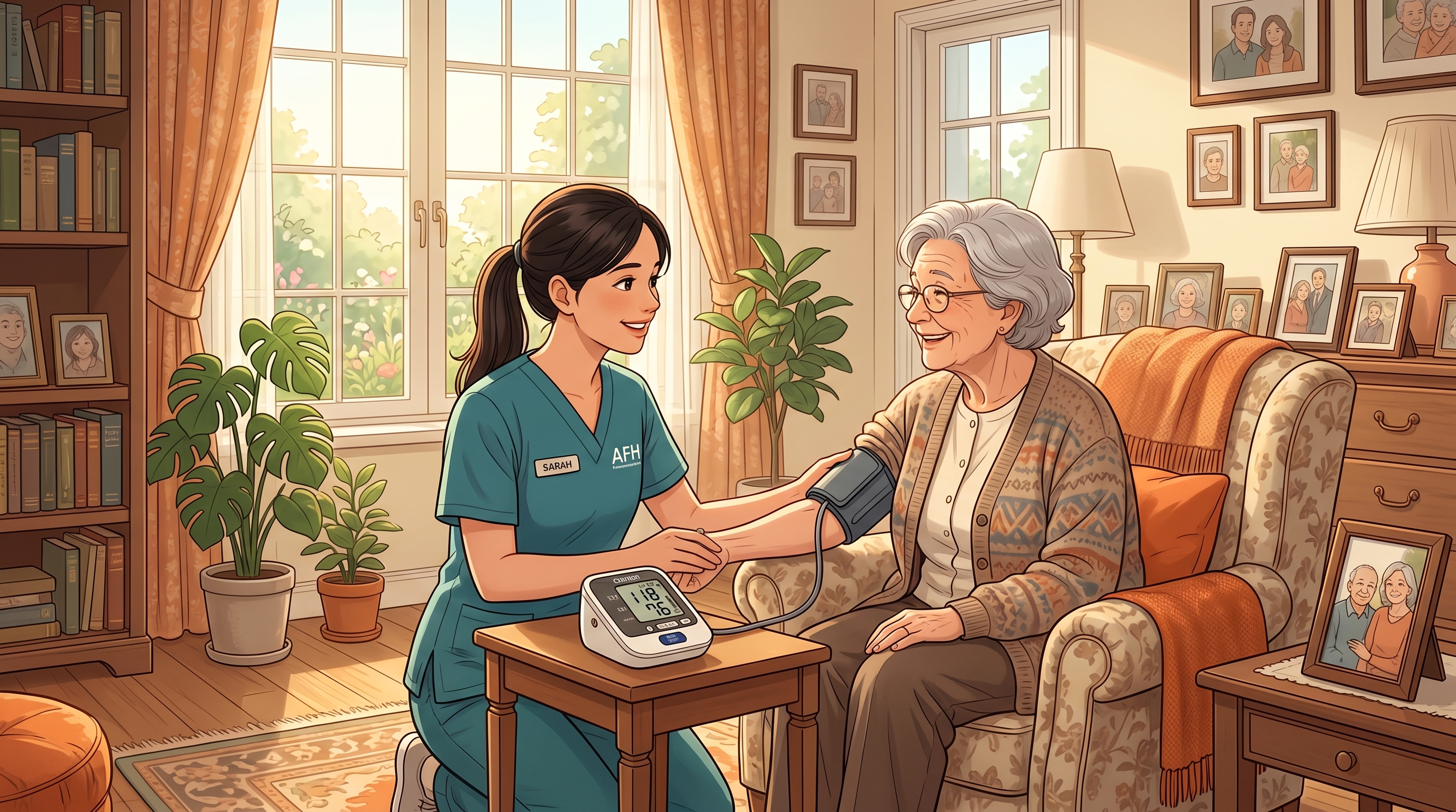 Illustration of a caregiver checking an older adult resident blood pressure