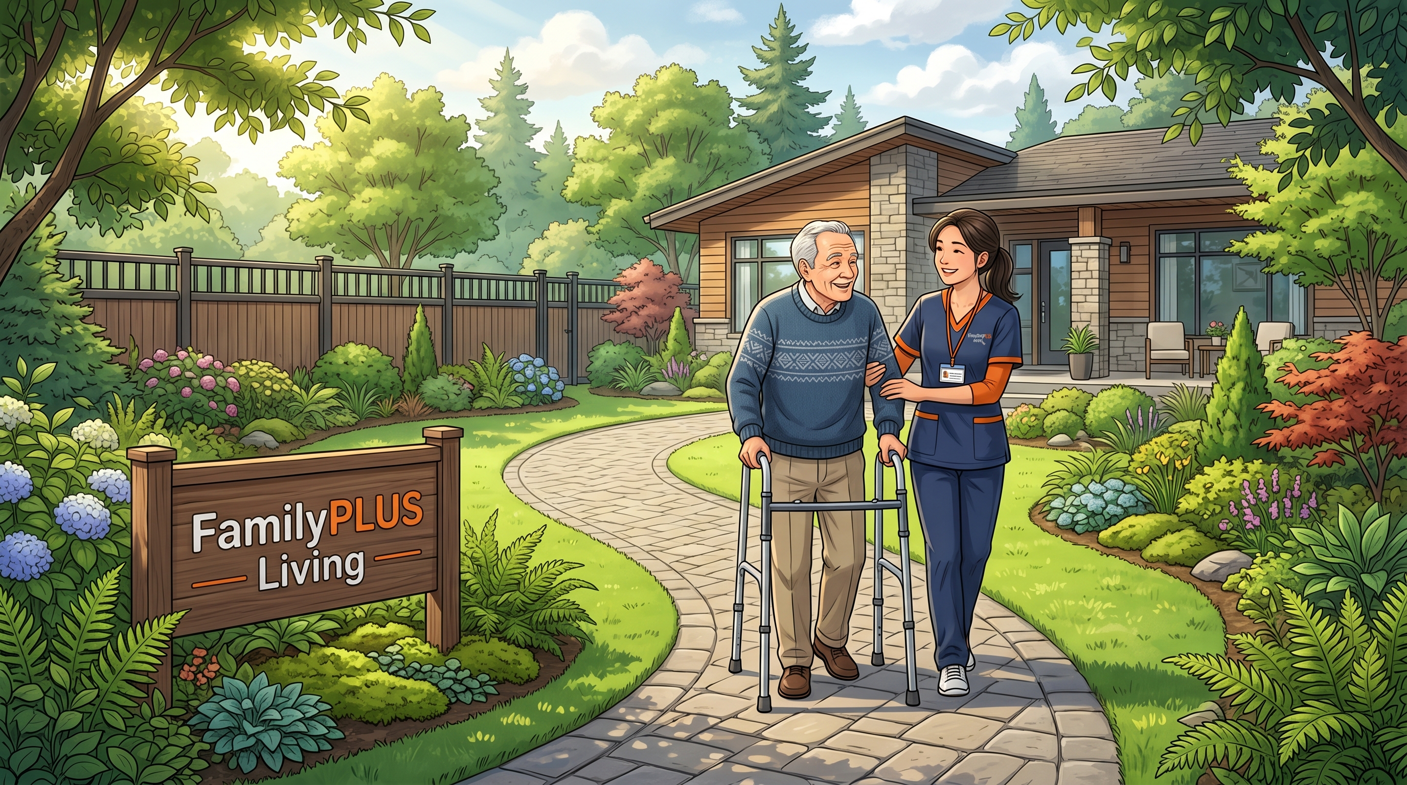 Illustration of a caregiver helping an older adult walk