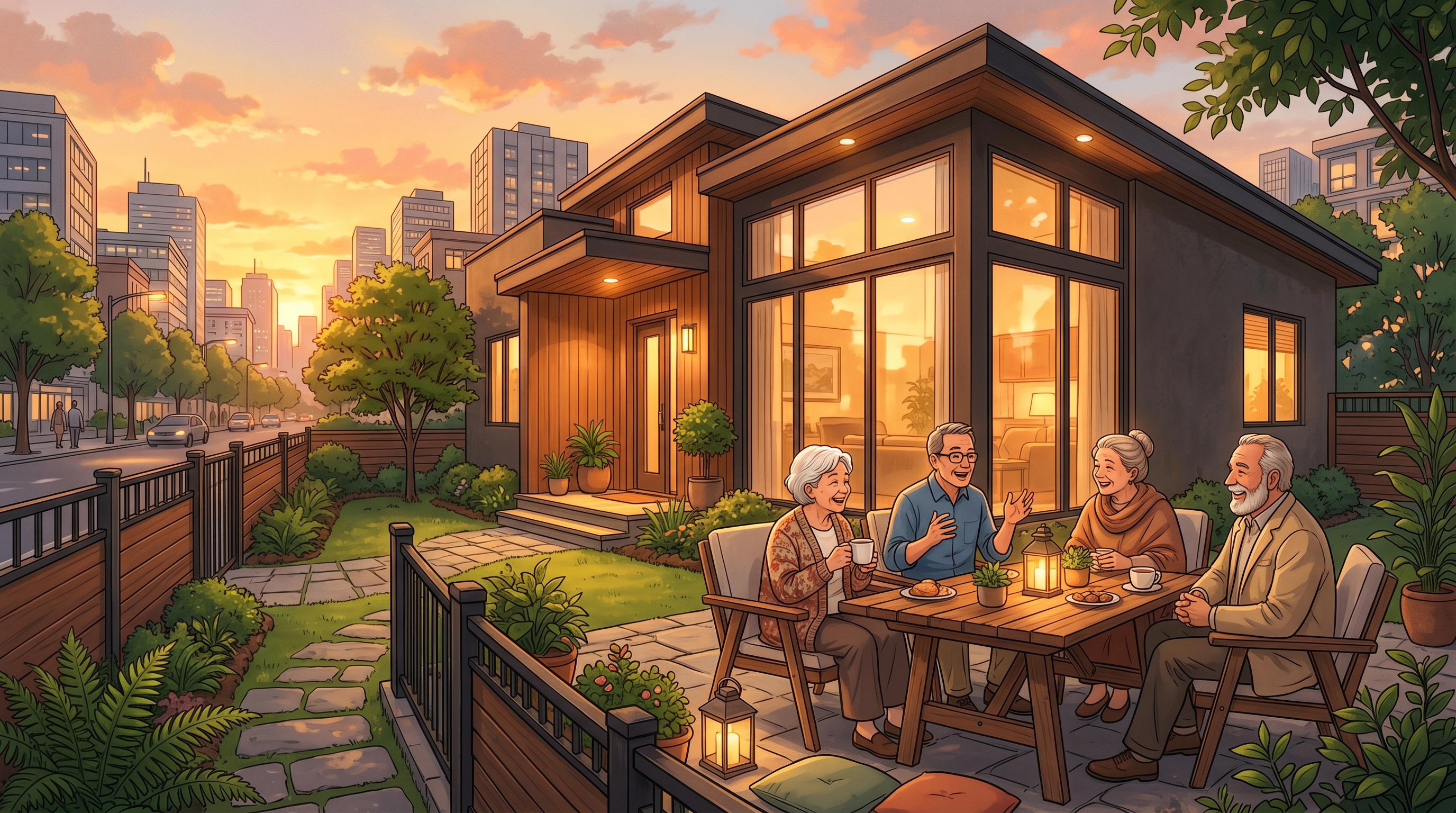 Illustration of senior residents enjoying an evening courtyard