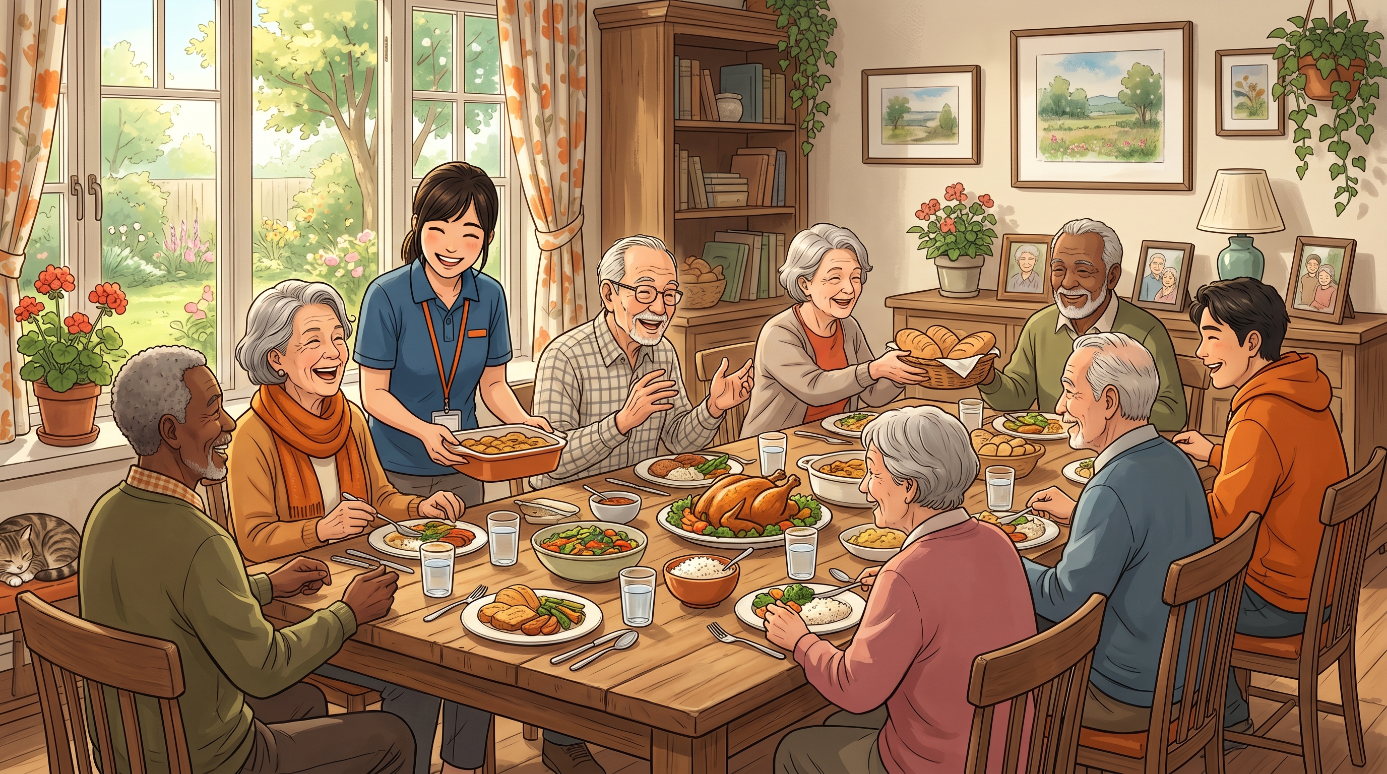 Illustration of residents and a caregiver gathered for a shared meal