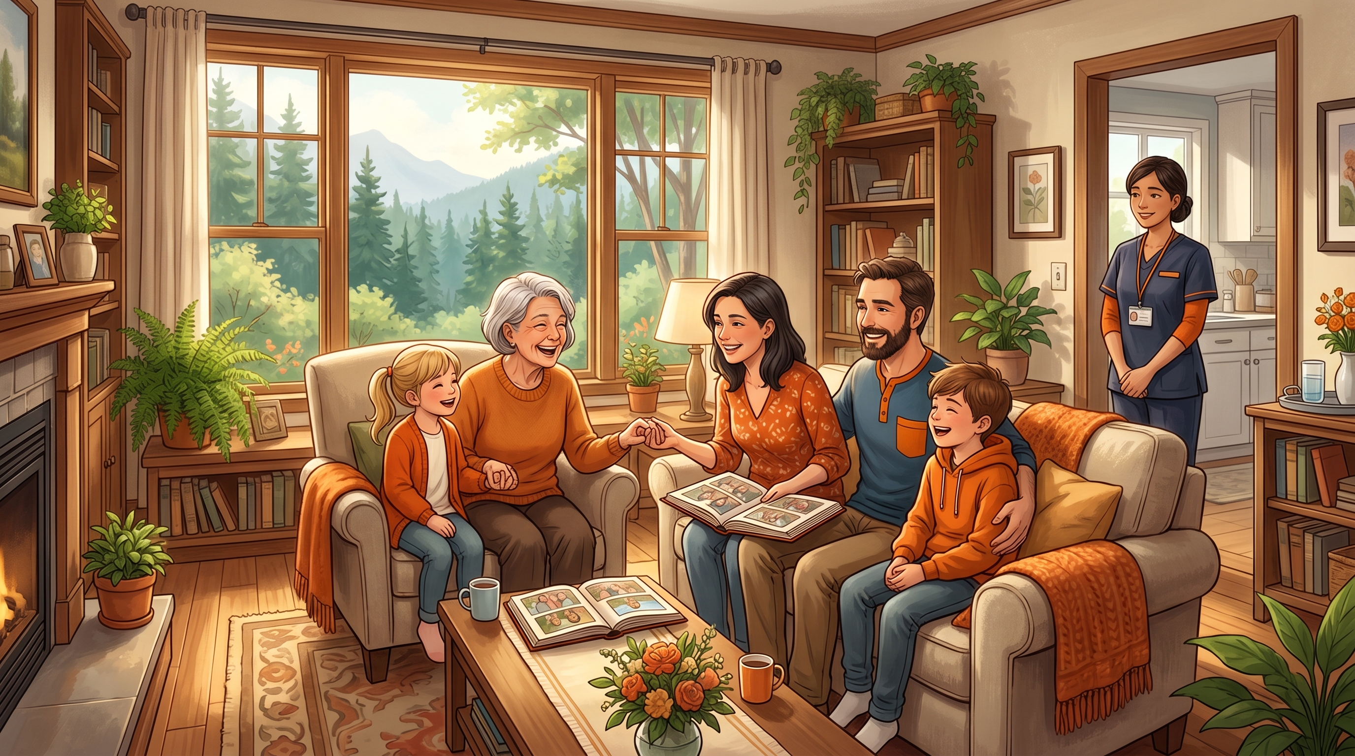 Illustration of a family visiting an older adult resident