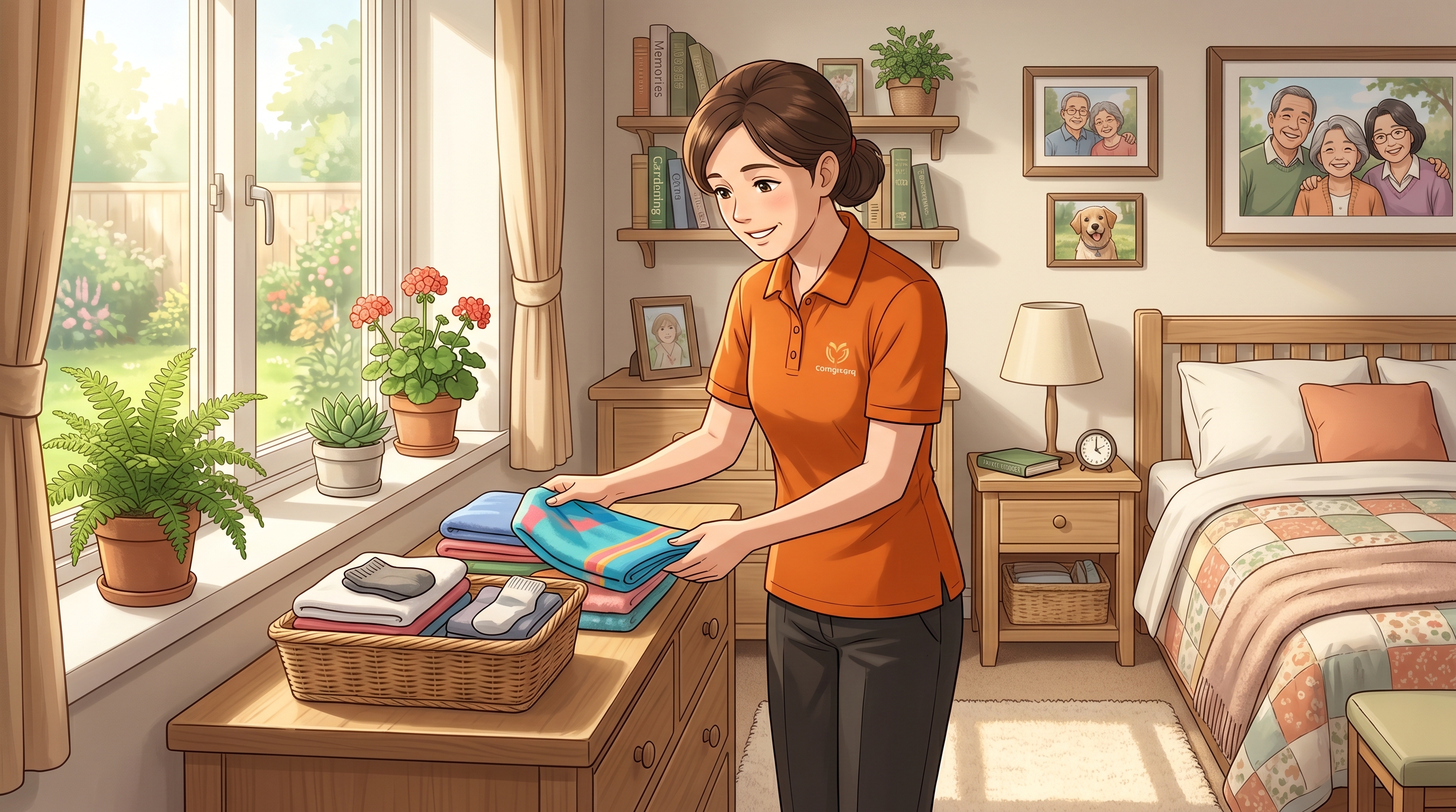 Illustration of a caregiver folding laundry in a tidy resident room