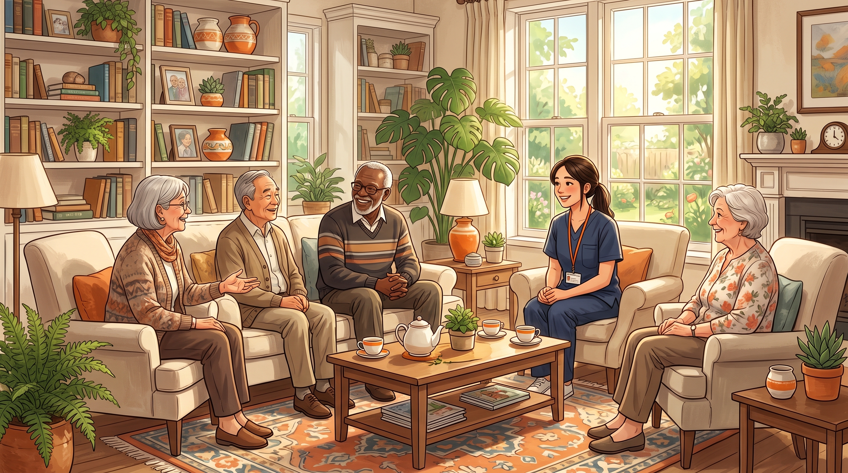 Illustration of residents seated in a living room chatting and watching TV