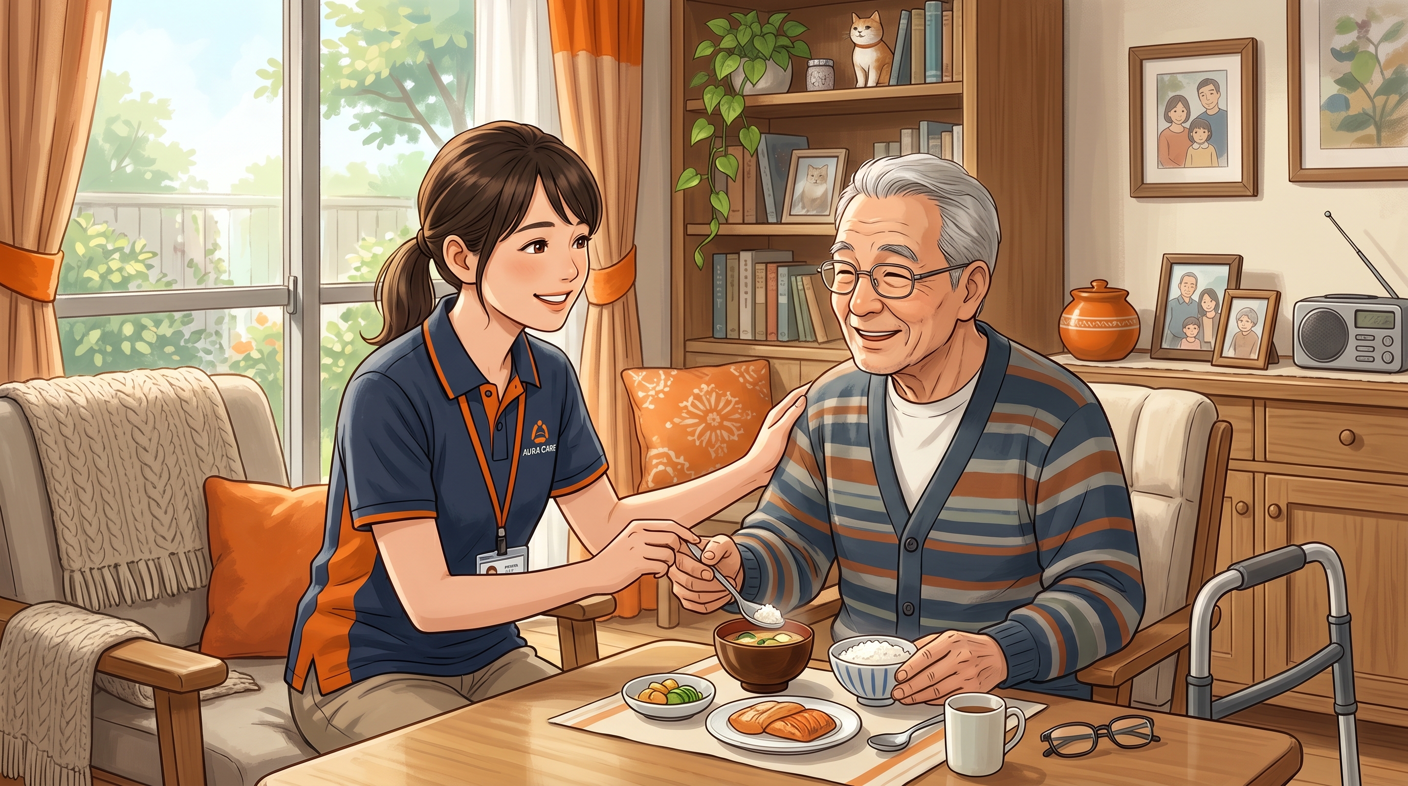 Illustration of a caregiver assisting an older adult during a meal