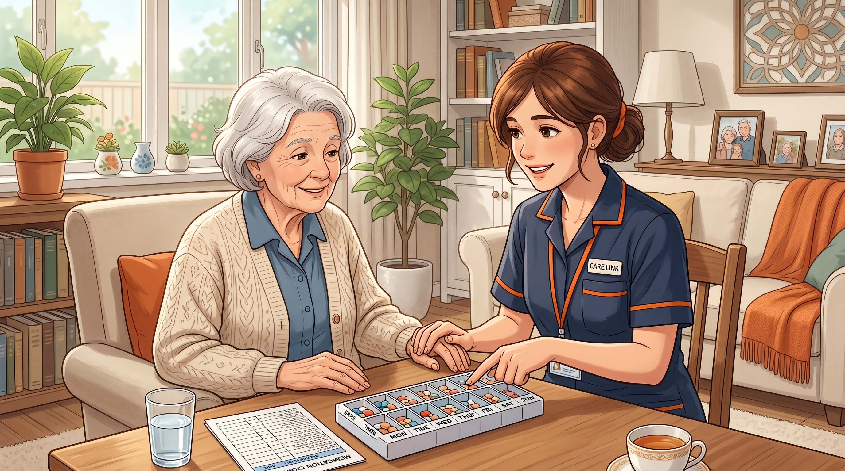 Illustration of a caregiver reviewing a medication organizer with a resident
