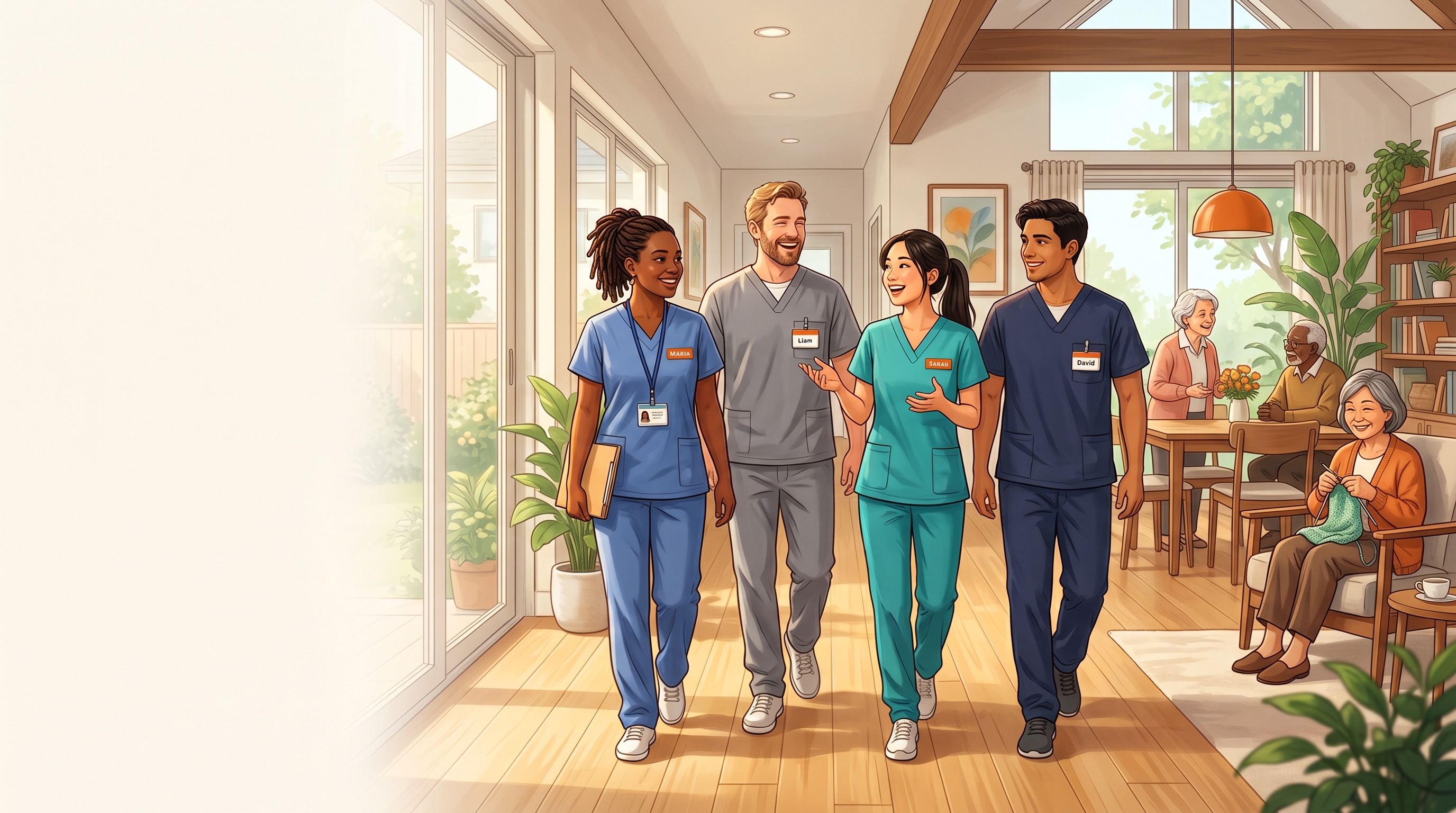 Illustration of a warm care team standing together