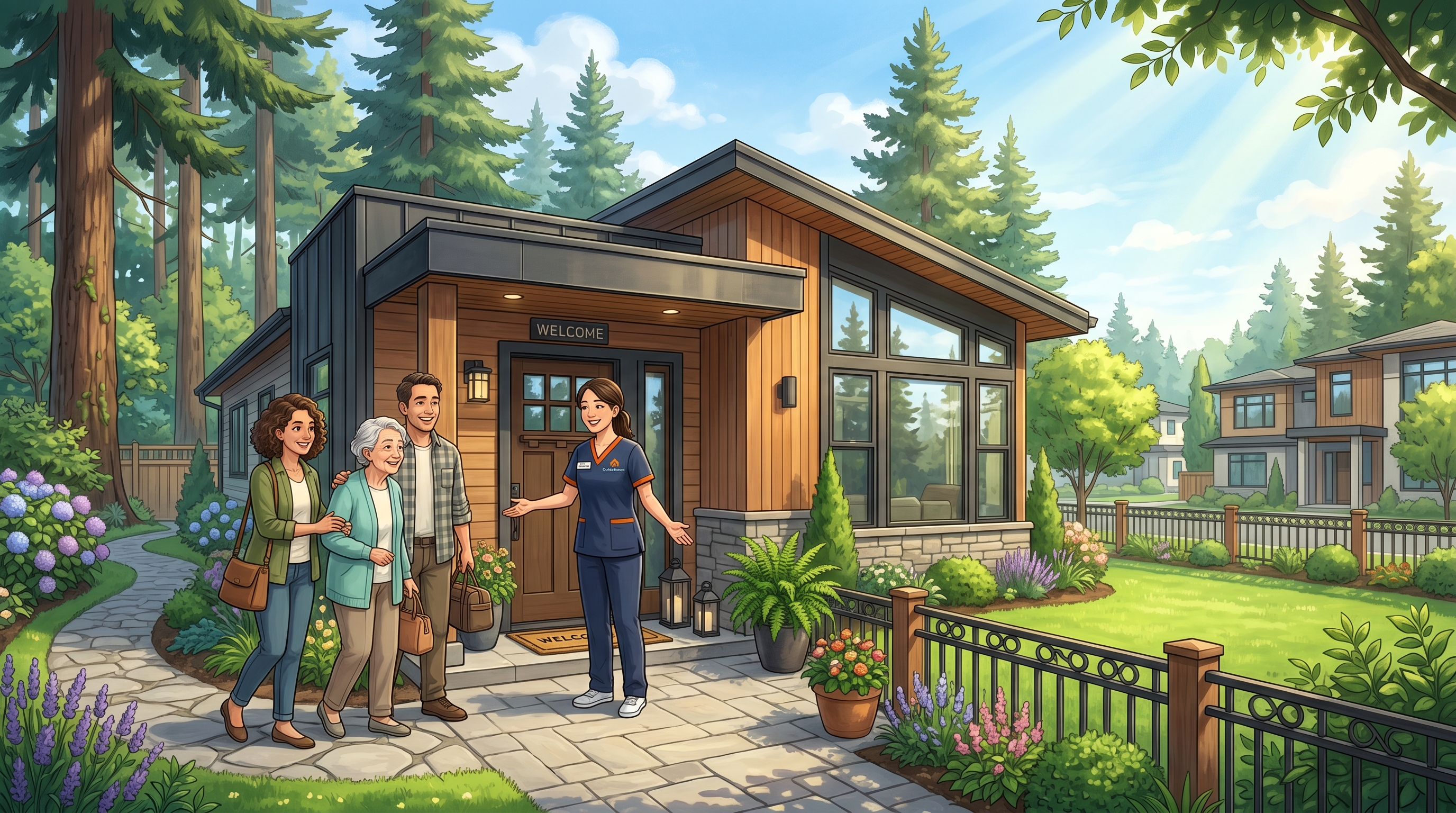 Illustration of a caregiver welcoming a family